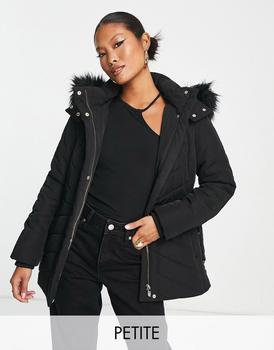推荐Forever New Petite quilted longline jacket with belt in black商品