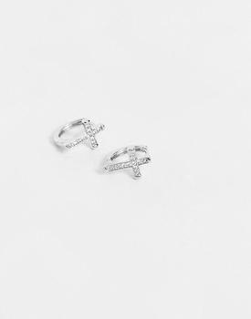 商品ASOS DESIGN mini cross hoop earrings with diamante detail in silver图片