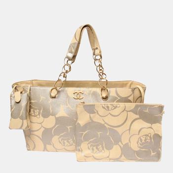 [二手商品] Chanel | Chanel Beige Leather Vintage Printed Floral Camellia CC Tote Bag商品图片,