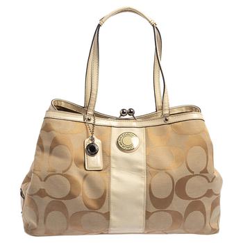 Coach Beige Signature Canvas and Patent Leather Kisslock Framed Carryall Tote product img