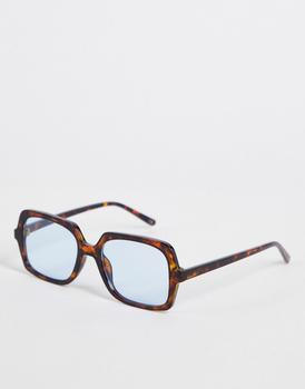 ASOS | ASOS DESIGN square sunglasses in tortoiseshell with blue lens - BROWN商品图片,5折