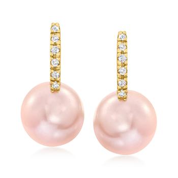 Ross-Simons | Ross-Simons 8-8.5mm Pink Cultured Pearl Huggie Hoop Drop Earrings With Diamond Accents in 14kt Yellow Gold商品图片,7.7折