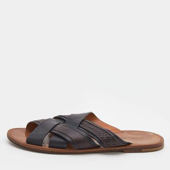 [二手商品] Bottega Veneta | Bottega Veneta Black/Dark Brown Leather Criss-Cross Flat Slide Sandals Size 43商品图片,7.7折, 满1件减$100, 满减