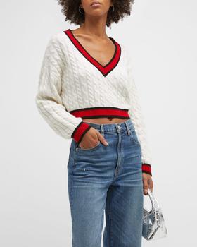 Alice + Olivia | Ayden Cropped V-Neck Cable-Knit Sweater商品图片,满$200减$50, 满减
