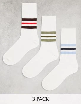 推荐ASOS DESIGN 3 pack ribbed crew socks in ecru with coloured stripes商品