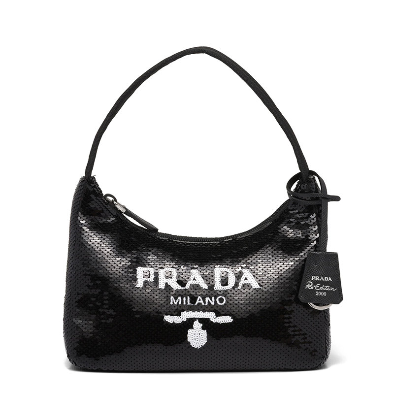 Prada | 【预售3-7天】PRADA/普拉达 21年秋冬Re-Edition 2000 系列 女士迷你黑色再生尼龙通体亮片装饰拉链拉合徽标斜跨单肩包1NE515_2D0Y_F0967商品图片,8折, 包邮包税