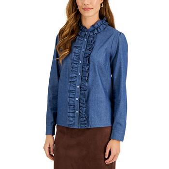 Tahari | Women's Cotton Ruffle-Front Button-Down Top商品图片,7.4折×额外8.5折, 额外八五折