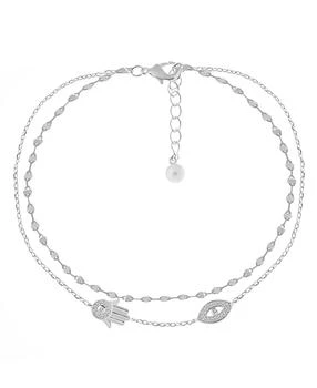 Essentials | Double Row Cubic Zirconia Hamsa Hand and Evil Eye Anklet in Silver Plate,商家Macy's,价格¥127