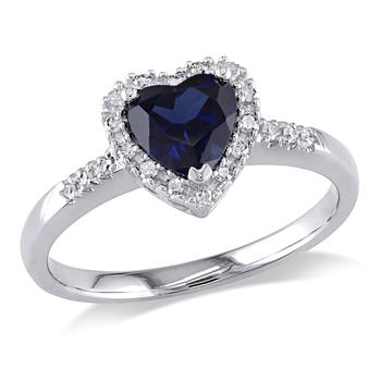 商品1/10 CT TW Halo Diamond and 7/8 CT TGW Heart Shaped Created Blue Sapphire Ring in 10K White Gold图片