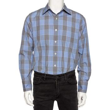 推荐Tom Ford Blue Glen Checkered Cotton Button Front Shirt L商品