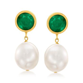 Ross-Simons | Ross-Simons 9.5-10mm Cultured Pearl and Emerald Drop Earrings in 14kt Yellow Gold商品图片,4.7折