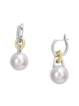 Saks Fifth Avenue | ​14K White & Yellow Gold, 11-12MM Cultured Freshwater Pearl, Diamond Huggie Earrings,商家Saks OFF 5TH,价格¥6659