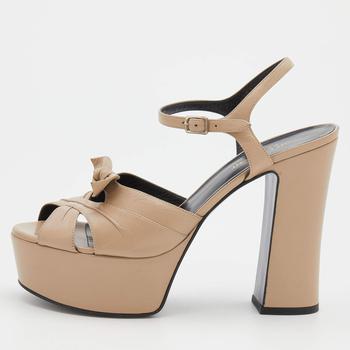 推荐Saint Laurent Beige Leather Candy Platform Ankle Strap Sandals Size 39商品