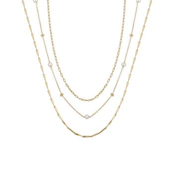 Unwritten | 14K Gold Flash Plated Brass Faux Imitation Pearl and Bead Design Chain, 3-Piece Necklace Set商品图片,6折×额外8.5折, 额外八五折
