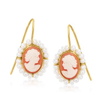 Ross-Simons | Ross-Simons Italian Orange Shell Cameo Drop Earrings With 2.5-3mm Cultured Pearls in 18kt Gold Over Sterling商品图片,5.1折