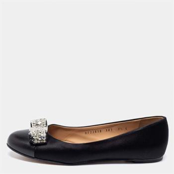 菲拉格慕芭蕾鞋, [二手商品] Salvatore Ferragamo | Salvatore Ferragamo Black Leather And Satin Crystal Embellished Bow Ballet Flats Size 38商品图片 7折