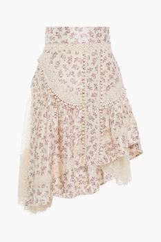 商品Zimmermann | Asymmetric floral-print silk-shantung, flocked tulle and lace skirt,商家THE OUTNET US,价格¥3397图片
