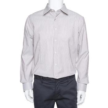 推荐Balmain Cream & Brown Striped Cotton Button Front Slim Fit Two Ply Shirt L商品