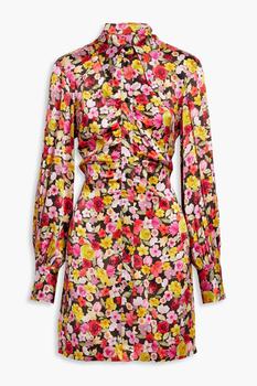 Ganni | Ruched floral-print organic silk-satin mini shirt dress商品图片,4折