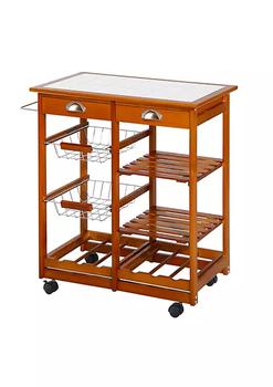 商品Wooden Rolling Kitchen Cart Tile Counter Top Utility Trolley with Towel Rack 2 Drawers 2 Shelves Wire Baskets and Wine Rack Natural图片