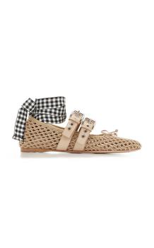 推荐Miu Miu - Women's Ribbon-Detailed Buckled Macrame Ballet Flats - Brown - IT 36 - Moda Operandi商品