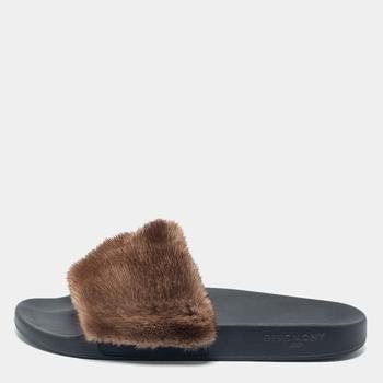 推荐Givenchy Brown Mink Fur Pool Slide Sandals Size 46商品