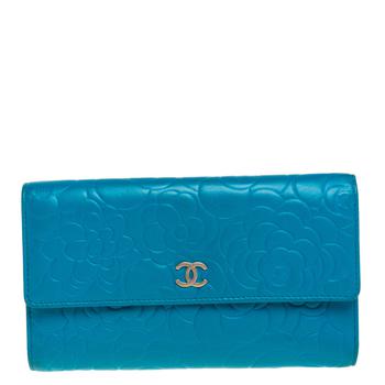 香奈儿山茶花图片, [二手商品] Chanel | Chanel Turquoise Camellia Embossed Leather Wallet商品图片 3.5折