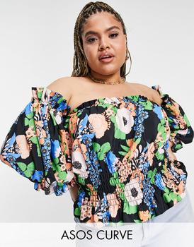 asos腋下包, ASOS | ASOS DESIGN Curve bardot top with shirring in floral print商品图片 5.9折