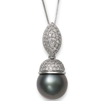 商品Cultured Tahitian Pearl (10mm) & Diamond (3/8 ct. t.w.) 18" Pendant Necklace in 14k White Gold图片