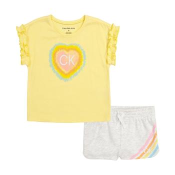 Calvin Klein | Little Girls Ruched Sleeves Logo T-shirt and Heather Terry Shorts, 2-Piece Set商品图片,7折