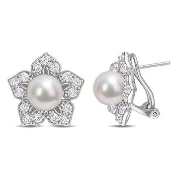 Mimi & Max | 8.5-9 MM Freshwater Cultured Pearl and 2 3/4 CT TGW Created White Sapphire Floral Earrings in Sterling Silver 4.6折, 独家减免邮费