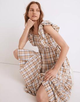 女装Madewell, Madewell | Ruffle-Sleeve Tiered Midi Dress in Plaid商品图片 7.2折×额外5折, 额外五折