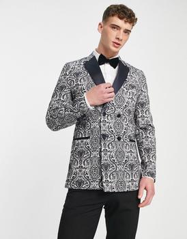 商品Bolongaro Trevor double breasted paisley print black lapel suit jacket in navy and cream图片