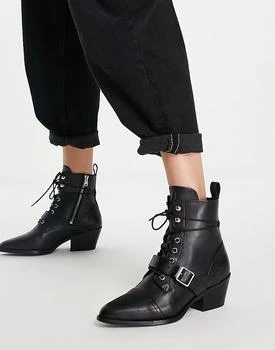 推荐AllSaints Katy lace up heeled leather boots with buckle in black商品