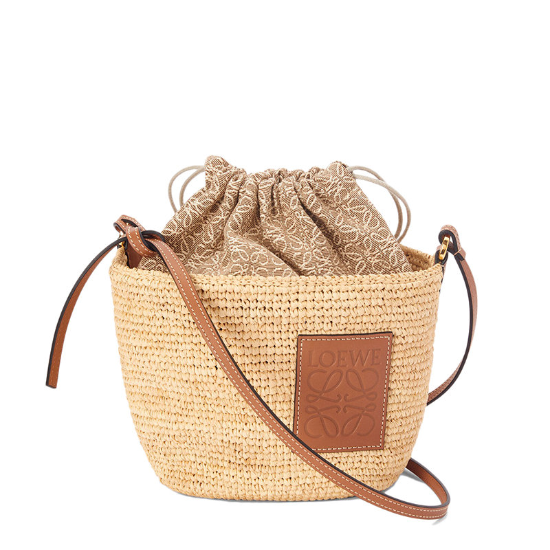 Loewe | 【预售3-7天】LOEWE/罗意威 22春夏新款Basket系列 女士自然色拉菲草编织牛皮革肩带织物抽绳小袋单肩斜挎包A689C70X08-2435商品图片,7.9折×额外9.5折, 包邮包税, 额外九五折