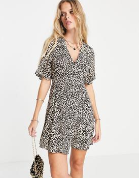 asos design, ASOS | ASOS DESIGN button through tie back mini tea dress with angel sleeve in animal print商品图片 
