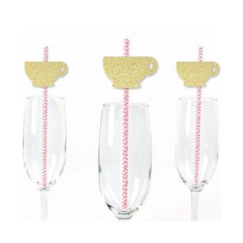 商品Gold Glitter Tea Cup Party Straws - No-Mess Real Gold Glitter Cut-Outs and Decorative Garden Tea Party Paper Straws - Set of 24图片