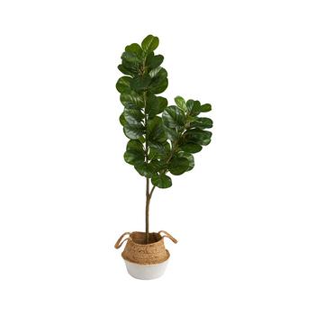 NEARLY NATURAL, NEARLY NATURAL | 4.5' Fiddle Leaf Fig Artificial Tree in Boho Chic Planter商品图片 6.9折