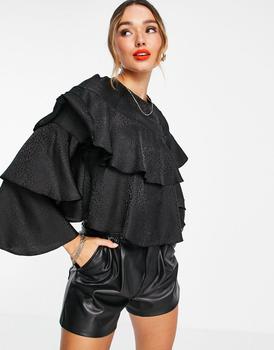 推荐River Island long sleeved ruffle layered blouse in black商品