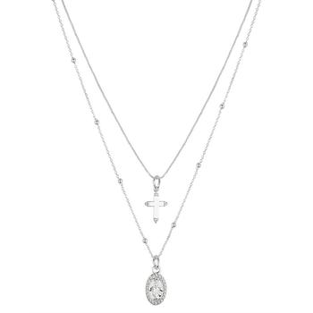 Unwritten | Silver Plated Brass Crystal Mary and Cross Duo Necklace with Extender商品图片,独家减免邮费