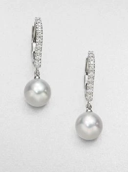 推荐7.5MM Round White Akoya Pearl & Diamond Drop Earrings商品