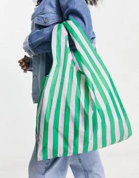 推荐Baggu standard nylon shopper tote bag in pink green awning stripe商品