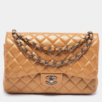 香奈儿包图片, [二手商品] Chanel | Chanel Bronze Quilted Caviar Leather Jumbo Classic Double Flap Bag商品图片 8.7折, 满1件减$100, 满减