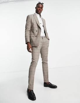 推荐Topman slim suit trousers in brown check商品