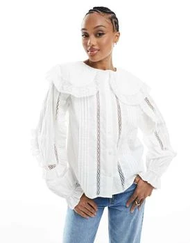ASOS | ASOS DESIGN tall  lace and broderie insert shirt with large collar in ivory,商家ASOS,价格¥206
