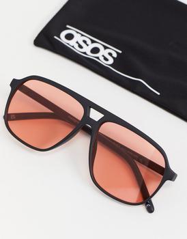 ASOS | ASOS DESIGN 70s aviator sunglasses in black with red lens商品图片,7.6折×额外9.5折, 额外九五折