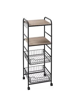 商品HOMCOM | 16" 4 Tier Rolling Kitchen Cart Utility Storage Trolley with 2 Basket Drawers Side Hooks for Dining Room and Kitchen Oak,商家Belk,价格¥380图片