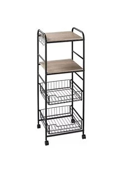 HOMCOM | 16" 4 Tier Rolling Kitchen Cart Utility Storage Trolley with 2 Basket Drawers Side Hooks for Dining Room and Kitchen Oak,商家Belk,价格¥379
