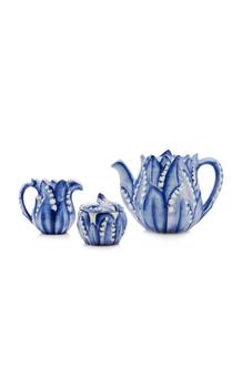 商品Moda Domus - Lily Of The Valley Ceramic Teapot; Cream; and Sugar Set - Blue - Moda Operandi图片