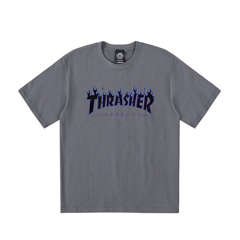 推荐THRASHER 蓝色火焰logo印花短袖T潮版男女同款灰色 THR8026商品